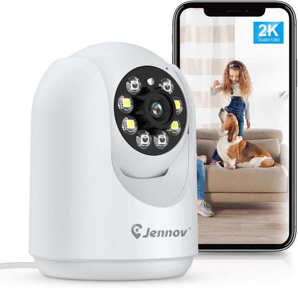 Jennov 2K Indoor Cameras for Home Security - 2.4 GHz Pet Dog Camera with Phone App, WiFi Baby Camera Monitor Motion Detection, Auto Tracking, Color Night Vision, Compatible with Alexa & Google