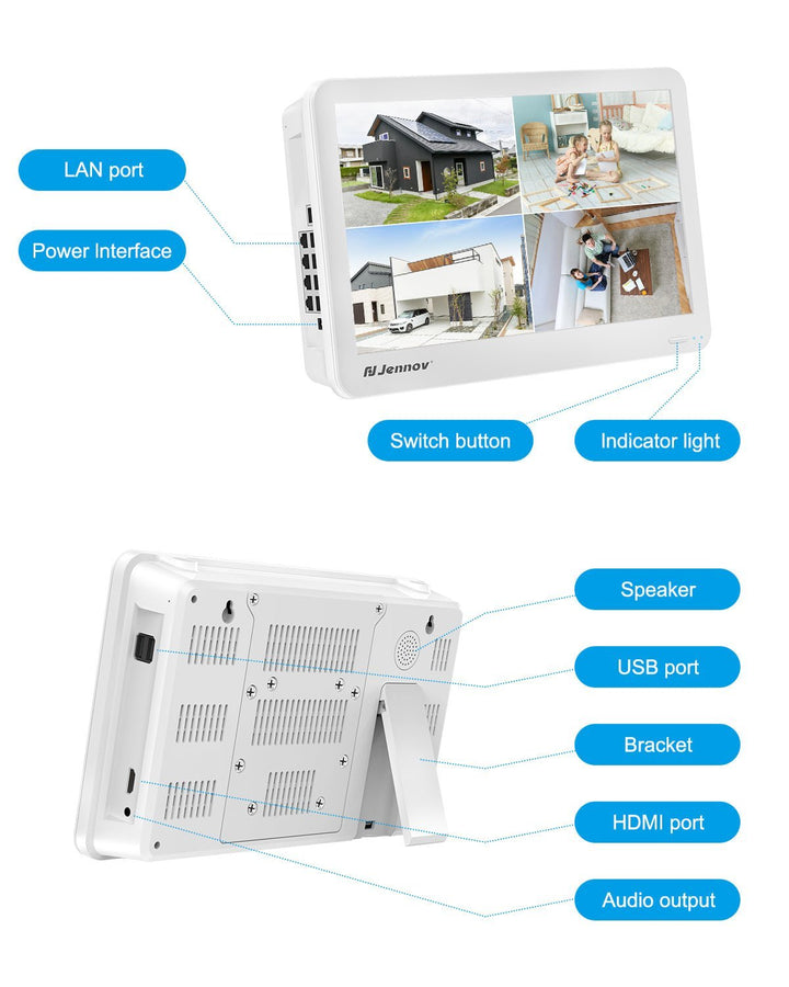 Jennov 4K Network Video Recorder with Monitor featuring multiple connectivity options and a user-friendly interface