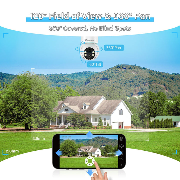 Solar Security Camera Outdoor Wireless, 2K 360° View Battery Powered WiFi CCTV Camera - Jennov